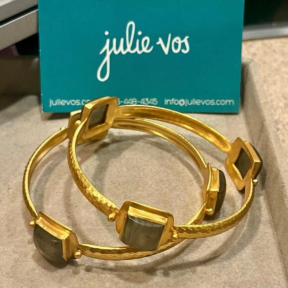 Julie Vos Gold Bangles Set of 2 Medium Stacking Bracelets Gray Stone Boho Layer - Picture 2 of 9